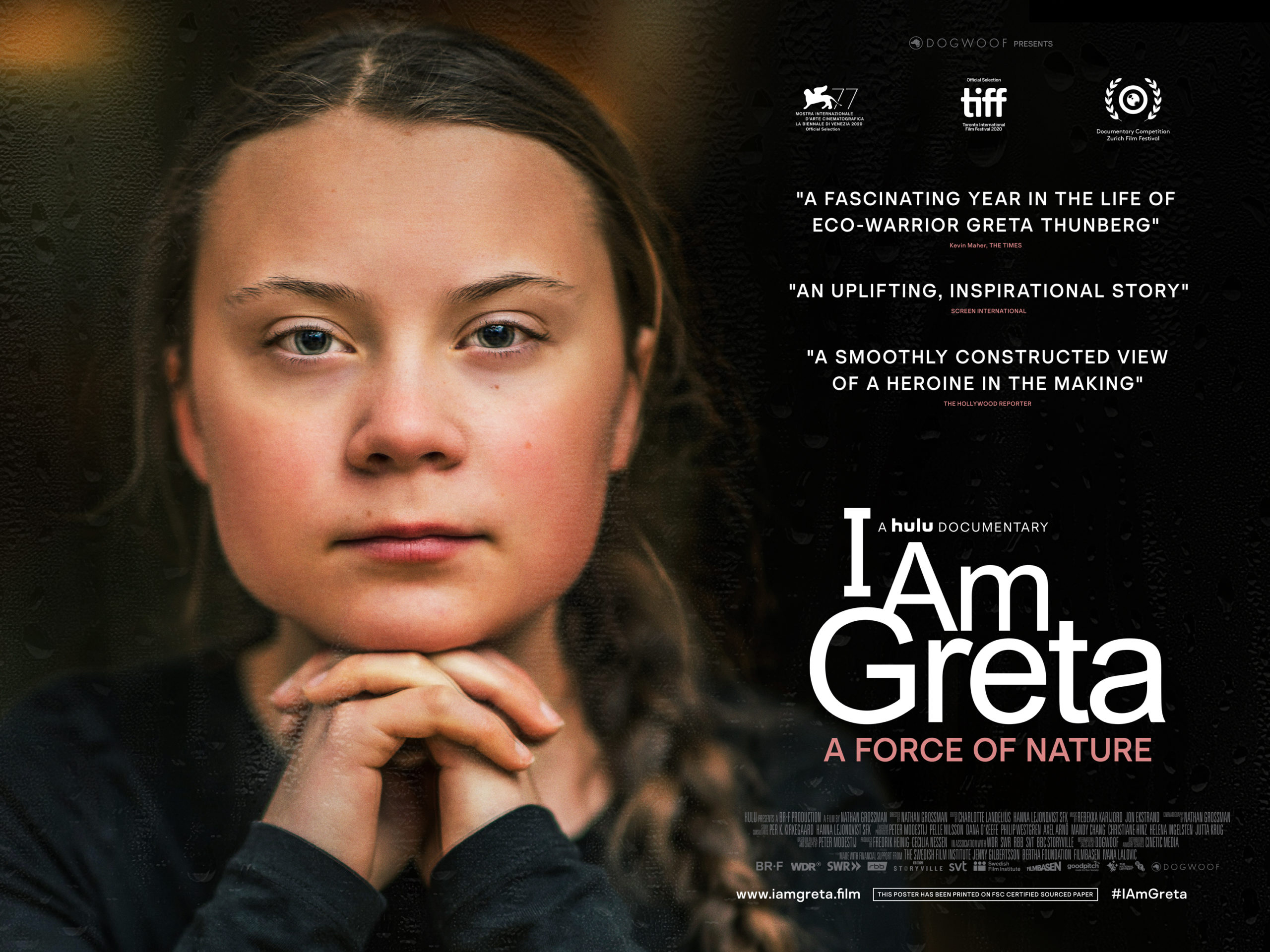 Poster for the Movie I Am Greta. Greta Thunberg is on the left with hands under her chin looking directly into the camera. Text on the right reads 'A fascinating year in the life of Eco-Warrior Greta