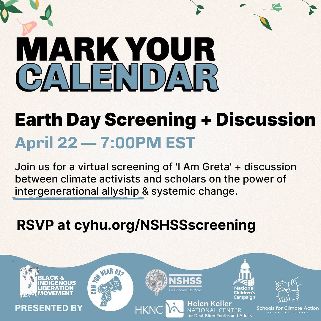 NSHSS Event Screening Poster which reads "Earth Day Screening + Discussion, April 22 - 7 PM EST." It contains an event description and link to RSVP for the event, and at the bottom, logos of all partners for the event.